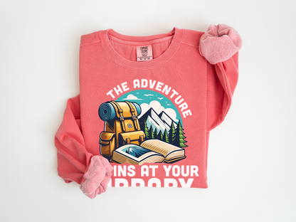 a pink shirt with a picture of a backpack on it - librarian sweatshirt