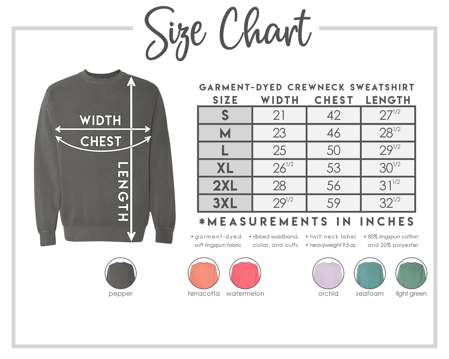 the size chart for a sweatshirt with measurements